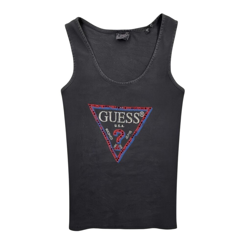 Guess Women's Triangle Logo Rhinestones Tank Top Ribbed Size S